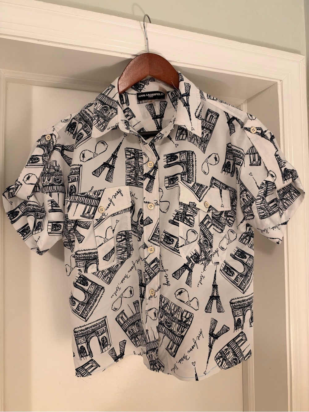 Karl Lagerfeld White Button-Down Shirt with Black Graphic Print size S